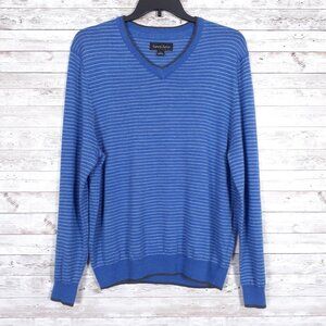Kenneth Roberts Platinum Mens Merino Wool Sweater L V-Neck Blue Stripe 166A